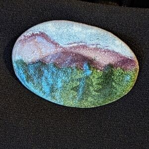 🩷 Vintage Copper Enamel oval 2.5" mountain pines scene artisan made 1970